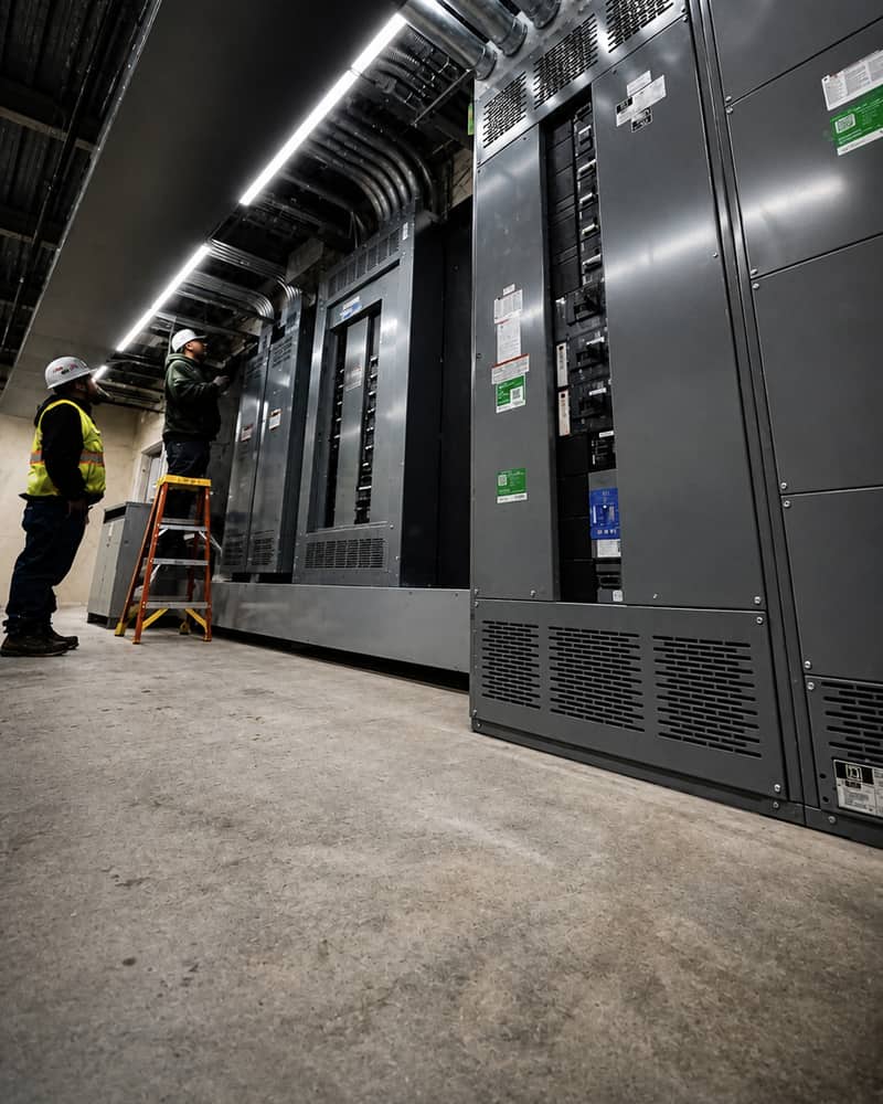 Two electricians working on switchgear panels in an equipment room